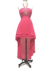  Hot Pink Dress for Prom Prom and Party and Beach with Beading Halter Top Sleeveless Backless