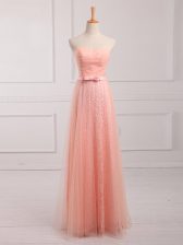 Sexy Peach Sleeveless Tulle and Lace Lace Up Dama Dress for Prom and Party and Wedding Party