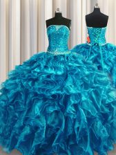 Glorious Teal Ball Gowns Organza Strapless Sleeveless Beading and Ruffles Floor Length Lace Up Quinceanera Dress