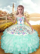 Best Sleeveless Organza and Taffeta Floor Length Lace Up Girls Pageant Dresses in Apple Green with Embroidery and Ruffled Layers