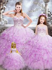  Sleeveless Organza Floor Length Lace Up Quinceanera Gowns in Lilac with Beading and Ruffles