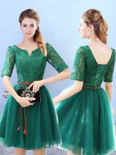 Pretty Knee Length Green Court Dresses for Sweet 16 Tulle Half Sleeves Lace