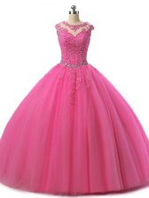 Sophisticated Scoop Sleeveless Quinceanera Dresses Floor Length Beading and Lace Hot Pink Tulle