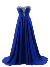 Deluxe Royal Blue Empire Sweetheart Sleeveless Elastic Woven Satin Brush Train Lace Up Beading Prom Party Dress