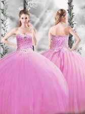  Lilac Tulle Lace Up Sweetheart Sleeveless Floor Length Quince Ball Gowns Beading