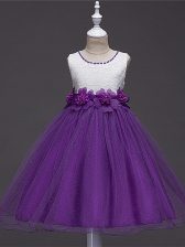 Nice Purple Ball Gowns Lace and Hand Made Flower Kids Formal Wear Zipper Tulle Sleeveless Knee Length