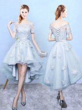 Artistic Light Blue Tulle Lace Up Off The Shoulder Short Sleeves High Low Damas Dress Lace