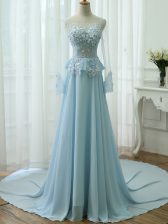  Light Blue Long Sleeves Chiffon Zipper for Prom and Military Ball