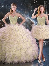 Popular Sweetheart Sleeveless Sweet 16 Dresses Floor Length Beading and Ruffles Light Yellow Organza
