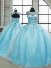 Smart Brush Train Ball Gowns Sweet 16 Dresses Aqua Blue Scoop Tulle Sleeveless Lace Up