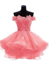  Sleeveless Organza Mini Length Zipper Dress for Prom in Watermelon Red with Beading and Lace and Appliques