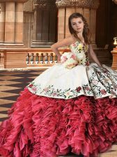 Charming Strapless Sleeveless Little Girl Pageant Dress Brush Train Embroidery and Ruffles White And Red Organza