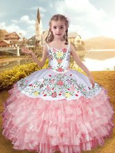 New Style Baby Pink Ball Gowns Embroidery and Ruffled Layers Little Girls Pageant Gowns Lace Up Organza and Taffeta Sleeveless Floor Length