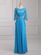 Cheap 3 4 Length Sleeve Floor Length Beading and Lace and Belt Zipper with Baby Blue