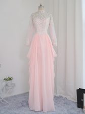  Baby Pink Chiffon and Silk Like Satin Zipper High-neck Sleeveless Floor Length Prom Evening Gown Beading