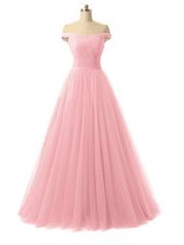 Edgy Tulle Off The Shoulder Sleeveless Lace Up Ruching Prom Party Dress in Baby Pink