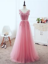 Trendy Sleeveless Floor Length Lace and Appliques and Belt Lace Up Prom Evening Gown with Pink 