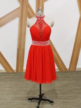  Coral Red Chiffon Zipper Prom Evening Gown Sleeveless Beading and Ruching