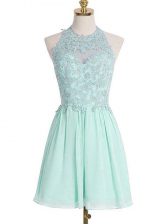 Great Sleeveless Chiffon Knee Length Lace Up Vestidos de Damas in Apple Green with Appliques
