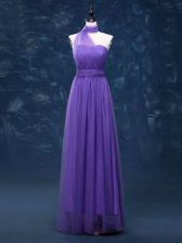 Dynamic Floor Length Lace Up Dama Dress Lavender for Prom and Party and Wedding Party with Ruching