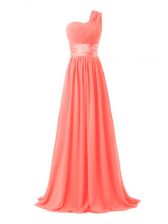 Classical Watermelon Red Chiffon Lace Up Quinceanera Court Dresses Sleeveless Floor Length Ruching