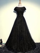  Black Empire Scoop Short Sleeves Tulle Floor Length Zipper Beading and Lace and Belt Prom Dresses