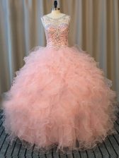 Pink Sleeveless Tulle Lace Up Ball Gown Prom Dress for Sweet 16 and Quinceanera