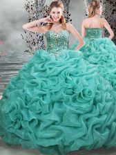 Exquisite Beading and Pick Ups Quinceanera Gown Turquoise Lace Up Sleeveless Brush Train