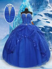 Gorgeous Sleeveless Tulle Floor Length Lace Up Quinceanera Gown in Royal Blue with Beading and Pick Ups