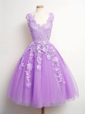  A-line Quinceanera Court of Honor Dress Lavender V-neck Tulle Sleeveless Knee Length Lace Up