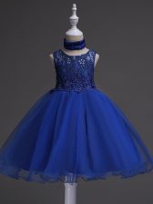  Royal Blue Zipper Little Girl Pageant Dress Beading and Lace Sleeveless Knee Length