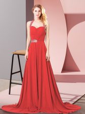 Exquisite Red Sleeveless Chiffon Brush Train Zipper Prom Evening Gown for Prom and Party and Military Ball