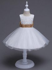 Nice White Tulle Zipper Kids Formal Wear Sleeveless Knee Length Lace and Bowknot