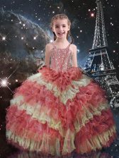  Straps Short Sleeves Organza Child Pageant Dress Beading and Ruffled Layers Lace Up