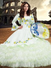 Luxury White Ball Gowns Embroidery and Ruffled Layers Sweet 16 Dresses Lace Up Organza Long Sleeves Floor Length