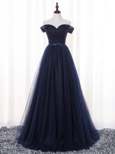 High Quality Navy Blue Sleeveless Floor Length Belt Lace Up Court Dresses for Sweet 16