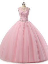  Floor Length Baby Pink Quinceanera Dresses Scoop Sleeveless Lace Up