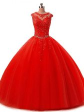  Red Ball Gowns Beading and Lace Quinceanera Gowns Lace Up Tulle Sleeveless Floor Length