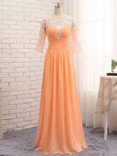 Shining Orange Bateau Zipper Lace and Appliques and Ruching Prom Evening Gown Long Sleeves