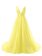  Yellow V-neck Backless Ruching Dress for Prom Brush Train Sleeveless