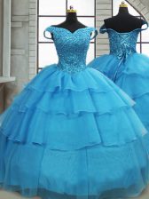  Sleeveless Organza Brush Train Lace Up 15 Quinceanera Dress in Baby Blue with Beading and Ruffled Layers
