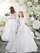 Dazzling White Lace Up Scoop Lace and Ruffles Flower Girl Dresses Tulle Half Sleeves Brush Train