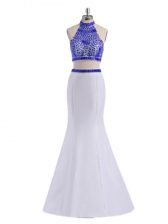  Floor Length White Prom Evening Gown Halter Top Sleeveless Criss Cross