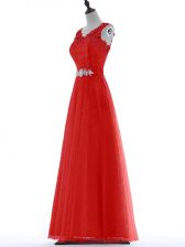 Comfortable V-neck Sleeveless Homecoming Dress Floor Length Beading and Lace Red Tulle