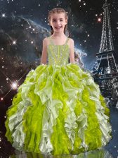  Olive Green Organza Lace Up Little Girls Pageant Gowns Sleeveless Beading and Ruffles