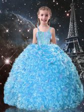 Charming Floor Length Lace Up Kids Formal Wear Aqua Blue for Quinceanera and Wedding Party with Beading and Ruffles