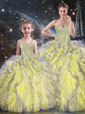 Organza Sweetheart Sleeveless Lace Up Beading and Ruffles Vestidos de Quinceanera in Yellow