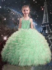  Floor Length Apple Green Kids Pageant Dress Organza Sleeveless Beading and Ruffles