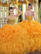 Captivating Floor Length Lace Up Quinceanera Gown Orange for Military Ball and Sweet 16 and Quinceanera with Beading and Ruffles