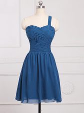 Top Selling Blue Chiffon Zipper One Shoulder Sleeveless Mini Length Quinceanera Court of Honor Dress Ruching
